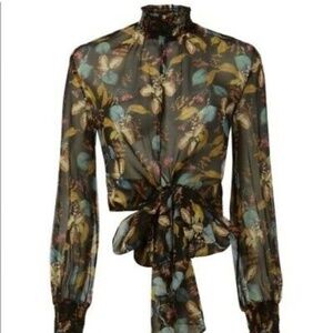 Nicholas Silk Ava Black Floral Sheer Bow Blouse US 6